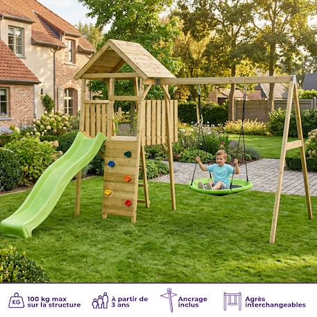 Aire de jeux bois, 2 balançoires, nid, toboggan, escalade, cabane woodi Marron 2 - vertbaudet enfant 