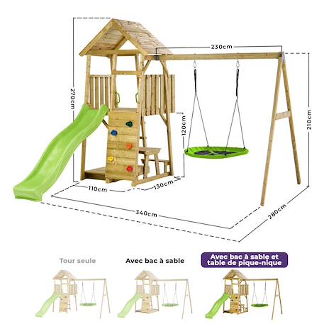 Aire de jeux : balançoire, nid, toboggan, escalade, bac à sable, table woodi Marron 4 - vertbaudet enfant 