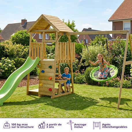 Aire de jeux : balançoire, nid, toboggan, escalade, bac à sable, table woodi Marron 2 - vertbaudet enfant 