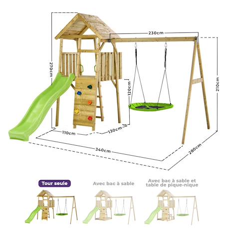 Aire de jeux bois, 2 balançoires, nid, toboggan, escalade, cabane woodi Marron 4 - vertbaudet enfant 