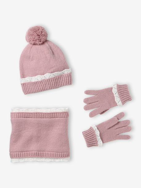 Fille-Accessoires-Bonnet, écharpe, gants-Ensemble fille bonnet, snood et gants en tricot