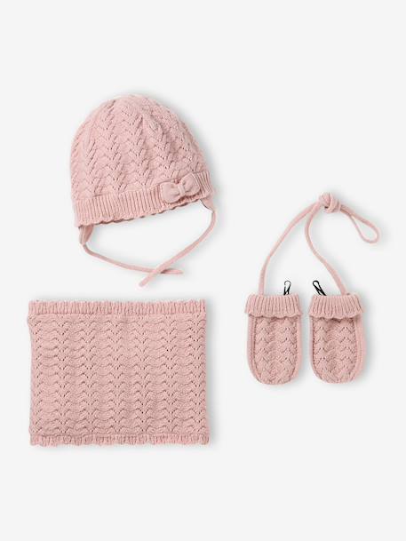 Ensemble bébé fille tricot bonnet snood moufles rose poudré 1 - vertbaudet enfant 