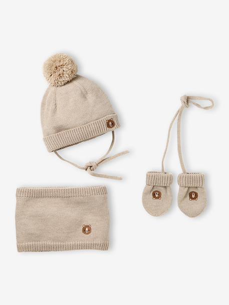 Ensemble bébé bonnet, snood et moufles beige 1 - vertbaudet enfant 
