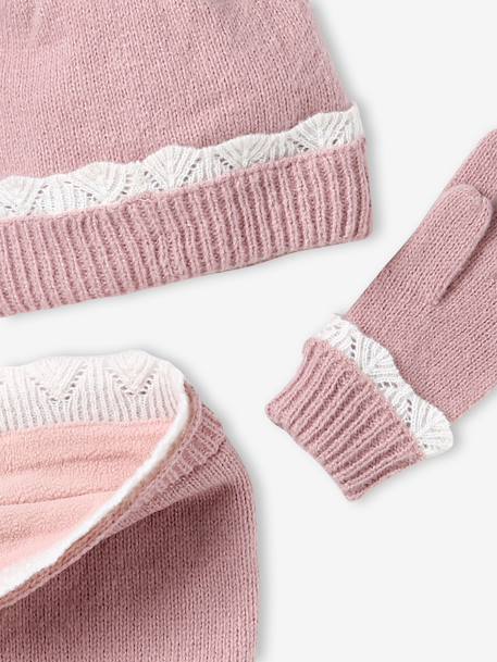 Ensemble fille bonnet, snood et gants en tricot rose pâle 6 - vertbaudet enfant 