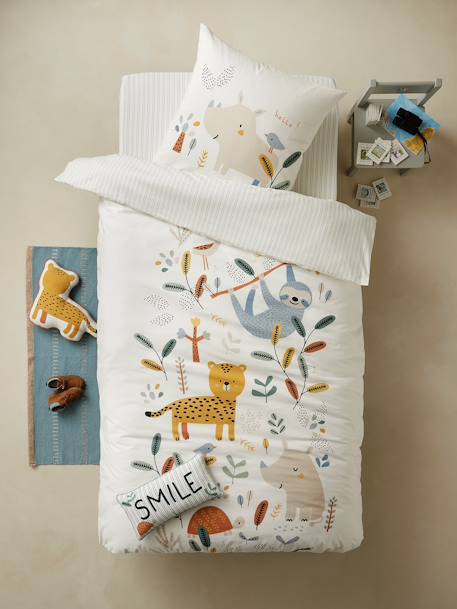Parure housse de couette et taie d'oreiller JUNGLE PARADISE ivoire imprimé 1 - vertbaudet enfant 