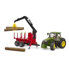 Jouet-Jeux d'imagination-John deere 7r avec remorque forestière et 4 troncs d'arbre