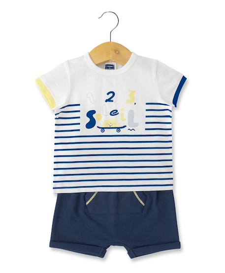 Ensemble short + haut 100% coton bébé garçon Fond naturel raye bleu 3 - vertbaudet enfant 