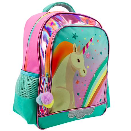 Fille-Accessoires-Cartable, trousse-Sac à dos scolaire fille licorne arc-en-ciel et pompons 41 cm