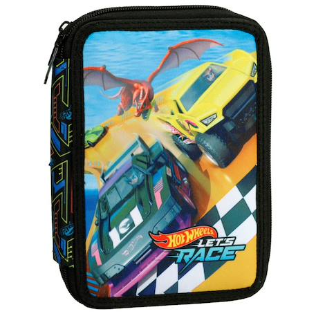 Garçon-Accessoires-Cartable, trousse-Trousse double compartiment 20 cm tissu matelassé imprimé hot wheels
