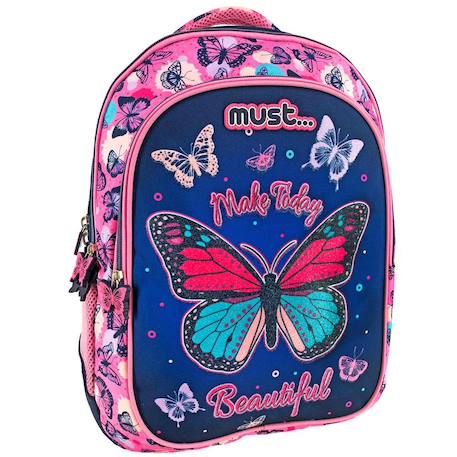 Sac à dos scolaire fille textile imprimé papillons pailleté Bleu marine/orange fluo 1 - vertbaudet enfant 