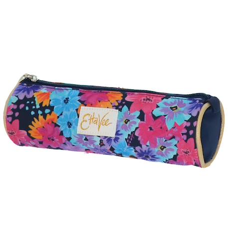 Trousse fille cylindrique textile imprimé floral Bleu marine/orange fluo 1 - vertbaudet enfant 