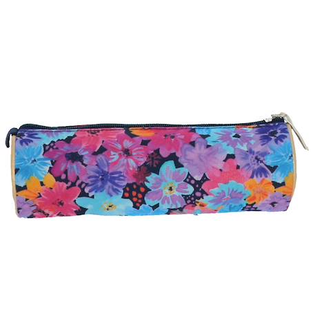 Trousse cylindrique textile imprimé floral Bleu marine/orange fluo 4 - vertbaudet enfant 