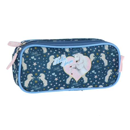 Garçon-Accessoires-Cartable, trousse-Trousse rectangulaire double compartiment textile motif cheval bella sara