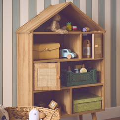 Chambre et rangement-Rangement-Etagère bibliothèque décor bois, 7 compartiments et 2 portes en cannage