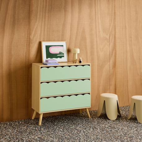 Commode enfant décor bois 3 tiroirs, pieds bois de pin - 80 x 30 x 79 cm - azur Naturel+Rose+Vert 13 - vertbaudet enfant 