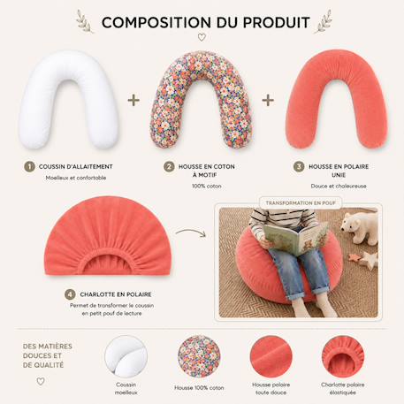 Pack coussin de maternité xxl - housses (corail & velours) + charlotte - grossesse et allaitement Rose 2 - vertbaudet enfant 