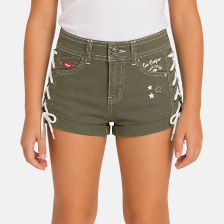 Short en jeans fille avec decor tressé Kaki+Marine+Rose 1 - vertbaudet enfant 