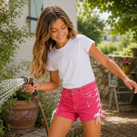 Short en jeans fille avec decor tressé Kaki+Marine+Rose 14 - vertbaudet enfant 