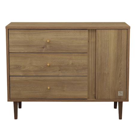 Commode 3 tiroirs et 1 porte avec détail imitation bois texturé et pieds bois - mokka Marron 2 - vertbaudet enfant 