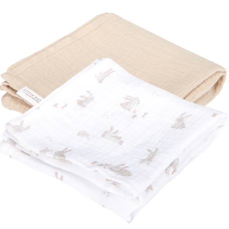 Set de 2 langes en gaze de coton motif lapin (70 x 70 cm) Blanc, beige 2 - vertbaudet enfant 