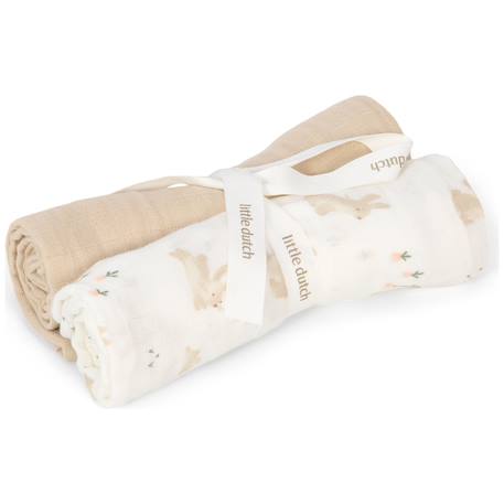 Set de 2 langes en gaze de coton motif lapin (70 x 70 cm) Blanc, beige 1 - vertbaudet enfant 