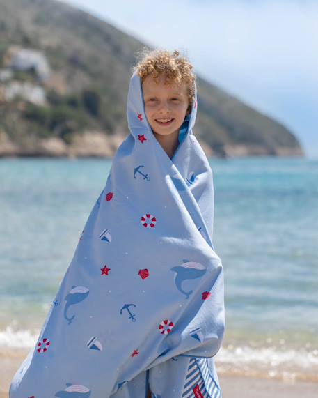 Serviette plage enfant  avec capuche microfibre Bleu+Rose 1 - vertbaudet enfant 