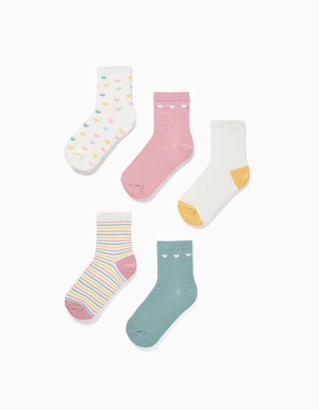 Fille-Lot de 5 paires de chaussettes à rayures/cœurs
