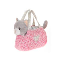 -Peluche - peluche girly bag fashionista – chat gris et blanc avec sac et détails argentés – 18 cm
