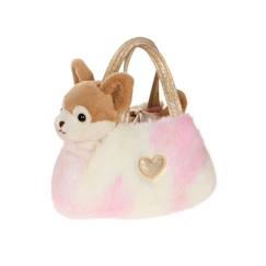 -Peluche - peluche girly bag fashionista – chien chihuahua marron et beige avec sac et détails or – 18 cm