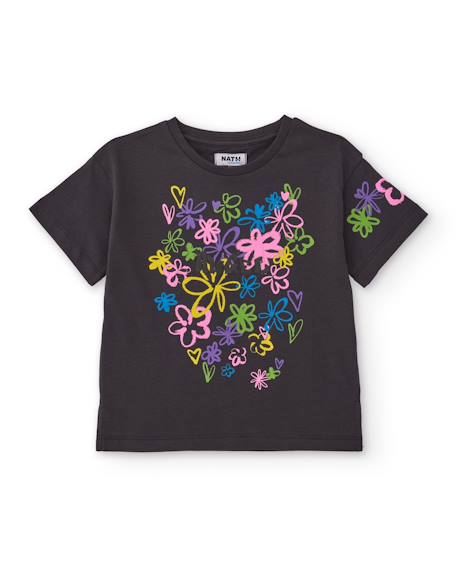 T-shirt fille en maille avec imprimé floral Gris 1 - vertbaudet enfant 