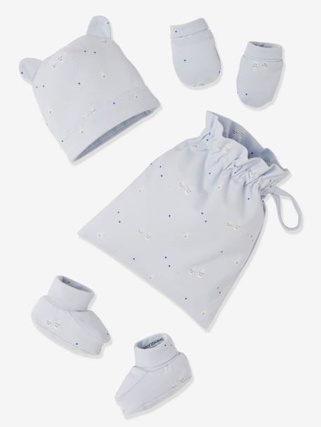 Kit bonnet + chaussons + gants et sac bébé bleu glacier imprimé+nude imprimé+rose foncé 1 - vertbaudet enfant 