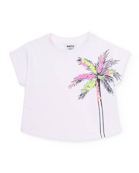 T-shirt fille en maille avec palmier sur le côté Blanc 1 - vertbaudet enfant 