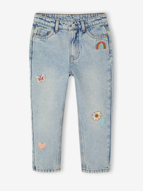 Jean fille mom brodé fleurs bleu+bleu clair+bleu moyen 3 - vertbaudet enfant 