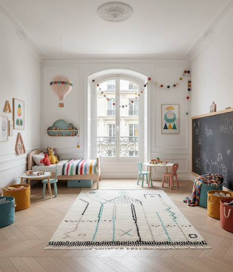 Tapis épais à franges style ethnique glyph Bleu naturel+Palette colorée 8 - vertbaudet enfant 