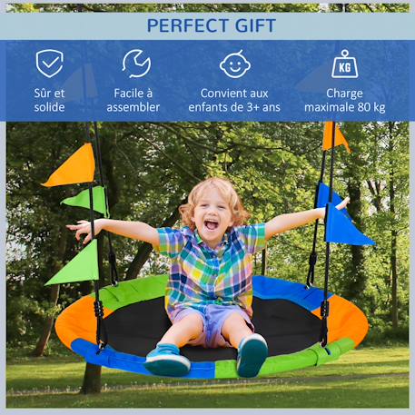 Balançoire nid d'oiseau ronde balançoire panier ø 100 cm 2 anneaux inclus métal époxy pp oxford haute densité drapeaux multicolores Multicolore 4 - vertbaudet enfant 