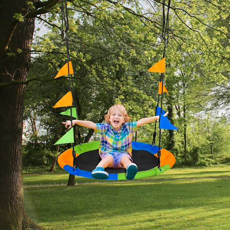 Balançoire nid d'oiseau ronde balançoire panier ø 100 cm 2 anneaux inclus métal époxy pp oxford haute densité drapeaux multicolores Multicolore 2 - vertbaudet enfant 