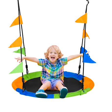 Balançoire nid d'oiseau ronde balançoire panier ø 100 cm 2 anneaux inclus métal époxy pp oxford haute densité drapeaux multicolores Multicolore 1 - vertbaudet enfant 