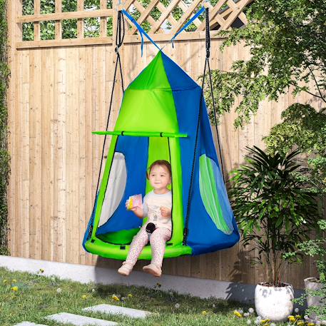 Balançoire nid d'oiseau ronde balançoire panier ø 1 x 1,8h m - tente amovible incluse - 4 anneaux inclus métal époxy oxford haute densité Vert 2 - vertbaudet enfant 