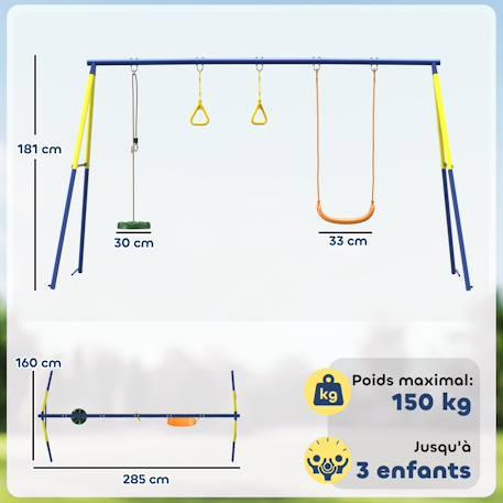 Balançoire 3 agrès - balançoire disque, balançoire une place, anneaux - acier Bleu 3 - vertbaudet enfant 