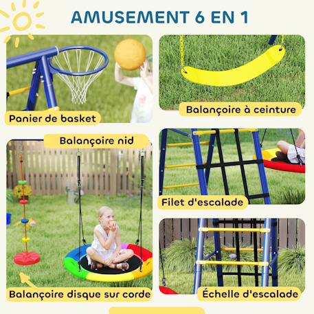 Portique balançoire 6 en 1 - balançoire, corde et filet d'escalade, nid oiseau, panier basket, échelle - acier Bleu 2 - vertbaudet enfant 