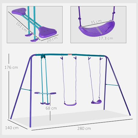 Balançoire 3 agrès portique avec 2 balançoires et face à face dim. 2,8l x 1,4l x 1,78h m métal époxy anticorrosion Vert+Violet 7 - vertbaudet enfant 