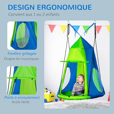Balançoire nid d'oiseau ronde balançoire panier ø 1 x 1,8h m - tente amovible incluse - 4 anneaux inclus métal époxy oxford haute densité Vert 6 - vertbaudet enfant 