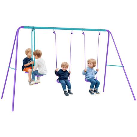 Balançoire 3 agrès portique avec 2 balançoires et face à face dim. 2,8l x 1,4l x 1,78h m métal époxy anticorrosion Vert+Violet 6 - vertbaudet enfant 
