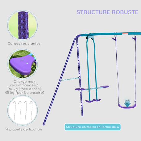 Balançoire 3 agrès portique avec 2 balançoires et face à face dim. 2,8l x 1,4l x 1,78h m métal époxy anticorrosion Vert+Violet 8 - vertbaudet enfant 