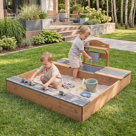 Bac à sable en bois fsc® avec cuisine extérieure intégrée Gris+Teck 7 - vertbaudet enfant 