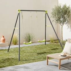 Jouet-Portique balançoire double en métal, 2 places, noir et vert, acier, l 217 x p 153 x h 195 cm