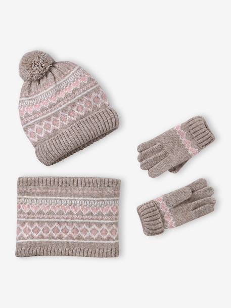 Fille-Accessoires-Ensemble fille tricot bonnet, snood et gants