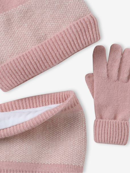 Ensemble fille en tricot bonnet, snood et gants rose poudré 6 - vertbaudet enfant 