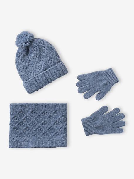 Ensemble fille tricot bonnet, snood et gants bleu ciel+gris chiné 1 - vertbaudet enfant 