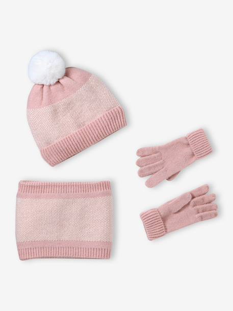 Ensemble fille en tricot bonnet, snood et gants rose poudré 1 - vertbaudet enfant 